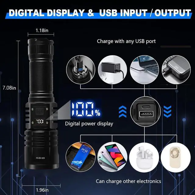 Alt view image 4 of 7 - Rechargeable LED Flashlights 10000.00 High Lumens, High Powered Waterproof Tactical Flashlight Spotlight Flashlight for Home, Bright Flashlight Black for Outdoor Camping Emergency