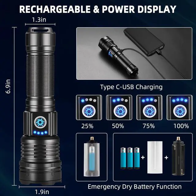 Alt view image 4 of 6 - Flashlights High Lumens Rechargeable, Super Bright Flashlight, Adjustable Tactical Flashlight, 5Mode Flash Light High Powered, Waterproof LED Flashlight for Camping, Hiking, Home, Emergencies