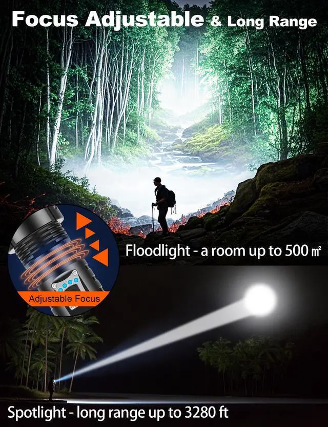 Alt view image 3 of 6 - Rechargeable Flashlights High Lumens 10000 Super Bright Long Range 3280FT, Long Lasting 15H Powerful USB C LED Strong Flash Light High Powered, Heavy Duty, Zoomable, for Home Camping Gift