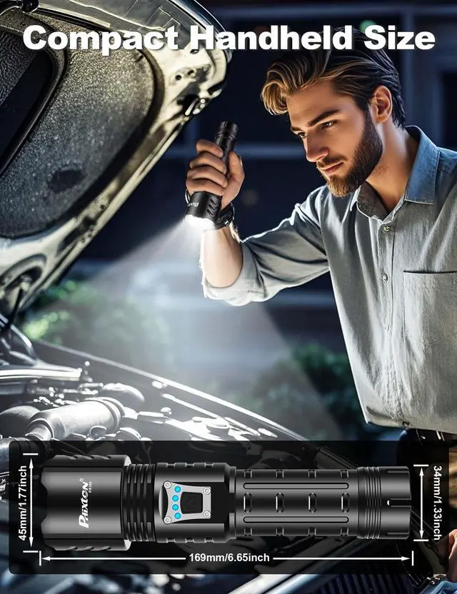 Alt view image 6 of 6 - Rechargeable Flashlights High Lumens 10000 Super Bright Long Range 3280FT, Long Lasting 15H Powerful USB C LED Strong Flash Light High Powered, Heavy Duty, Zoomable, for Home Camping Gift