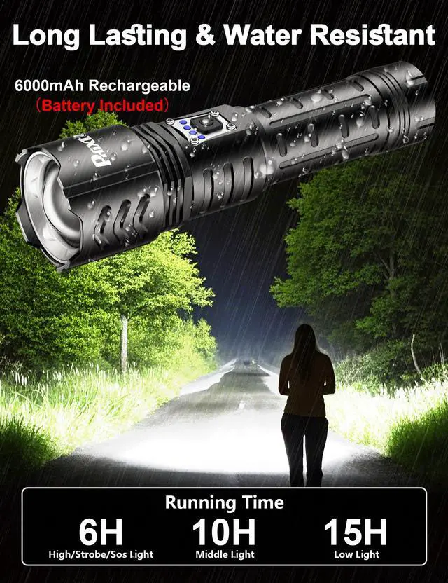 Alt view image 4 of 6 - Rechargeable Flashlights High Lumens 10000 Super Bright Long Range 3280FT, Long Lasting 15H Powerful USB C LED Strong Flash Light High Powered, Heavy Duty, Zoomable, for Home Camping Gift