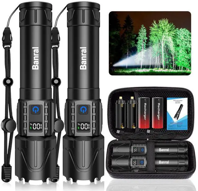 Main image of Rechargeable Tactical Flashlights 2000 High Lumens - 5000mAh Super Bright LED Powerful Flash Light, Waterproof Handheld USB C Flashlight for Home,Car,Camping,Emergencies,5 Modes (2, Black)