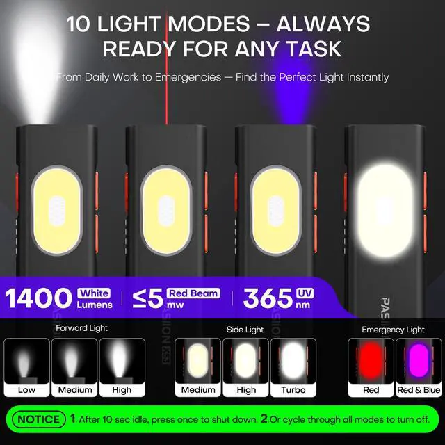 Alt view image 2 of 7 - Rechargeable EDC Flat Flashlight White LED Combo,1400 Lumen Portable Pocket Flashlight 10 Modes Small LED Light with Magnetic Base,USB-C Charging for Outdoors,Emergency,Working