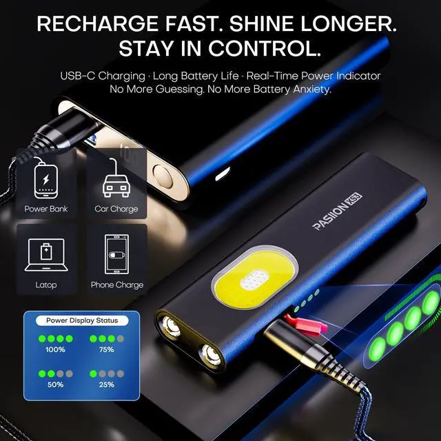 Alt view image 5 of 7 - Rechargeable EDC Flat Flashlight White LED Combo,1400 Lumen Portable Pocket Flashlight 10 Modes Small LED Light with Magnetic Base,USB-C Charging for Outdoors,Emergency,Working