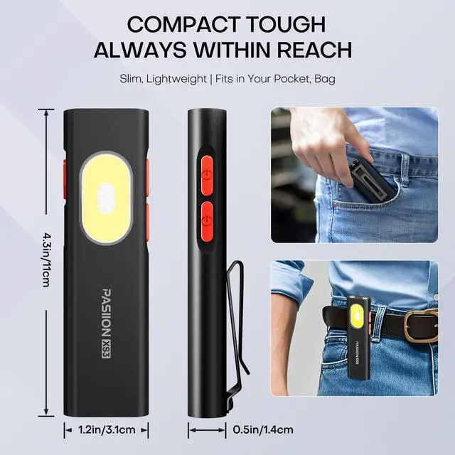 Alt view image 7 of 7 - Rechargeable EDC Flat Flashlight White LED Combo,1400 Lumen Portable Pocket Flashlight 10 Modes Small LED Light with Magnetic Base,USB-C Charging for Outdoors,Emergency,Working