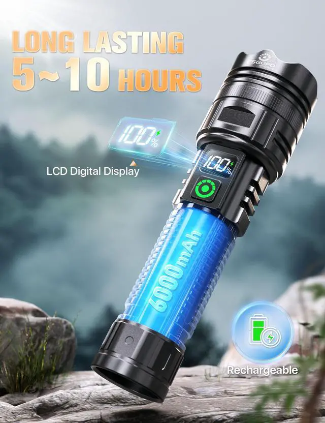 Alt view image 4 of 7 - Rechargeable Flashlights High Lumens 10000 2 Modes High/Low, Super Bright Magnetic LED Flashlight Long Distance 3280FT, Powerful Long Lasting Strong Flash Light USB C with Clip for Hiking