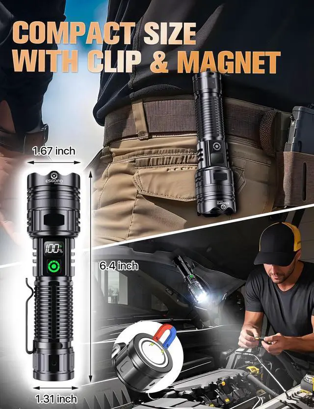 Alt view image 7 of 7 - Rechargeable Flashlights High Lumens 10000 2 Modes High/Low, Super Bright Magnetic LED Flashlight Long Distance 3280FT, Powerful Long Lasting Strong Flash Light USB C with Clip for Hiking
