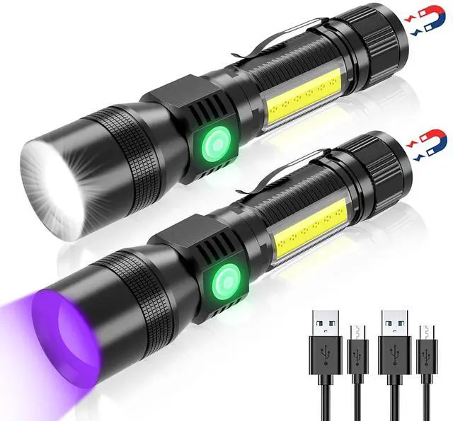 Main image of Rechargeable Flashlights, 3 in 1 Super Bright Black Light Flashlights 1200 Lumens, 7 Modes, Zoomable, IPX6 Waterproof Flash Light Recharchable for Camping, Emergency, Pet Clothing Detection 2 Pack