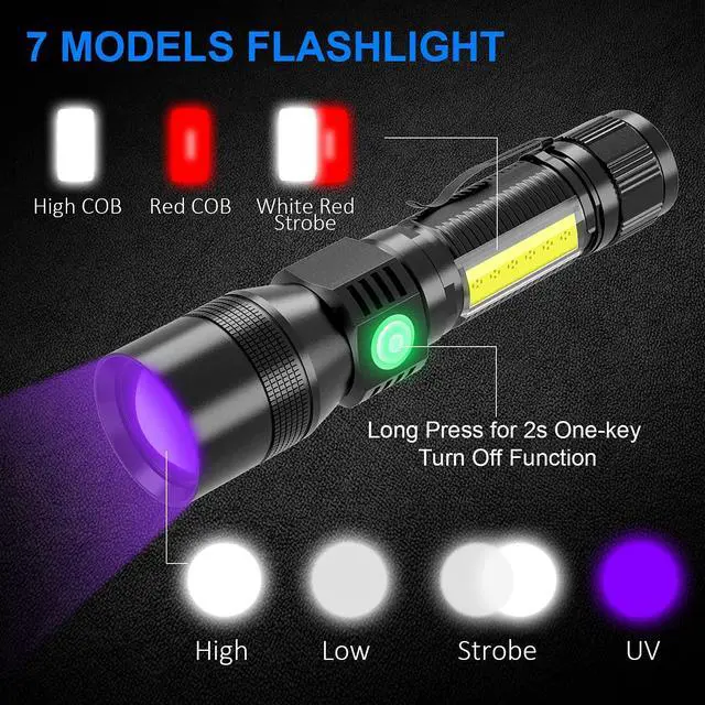 Alt view image 2 of 7 - Rechargeable Flashlights, 3 in 1 Super Bright Black Light Flashlights 1200 Lumens, 7 Modes, Zoomable, IPX6 Waterproof Flash Light Recharchable for Camping, Emergency, Pet Clothing Detection 2 Pack