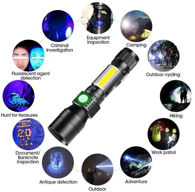 Alt view image 6 of 7 - Rechargeable Flashlights, 3 in 1 Super Bright Black Light Flashlights 1200 Lumens, 7 Modes, Zoomable, IPX6 Waterproof Flash Light Recharchable for Camping, Emergency, Pet Clothing Detection 2 Pack