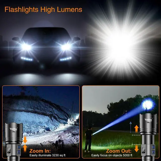 Alt view image 3 of 7 - Rechargeable Flashlights High Lumens, LED Flashlight 100000 Lumens, Super Bright High Powered Flashlights, Long Rang 5000 FT, 2 Switch, Powerful Flashlights for Home Emergency Camping