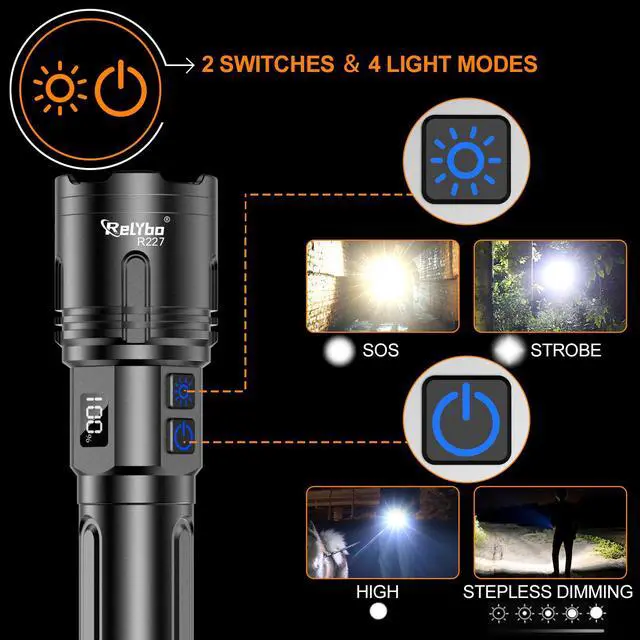 Alt view image 4 of 7 - Rechargeable Flashlights High Lumens, LED Flashlight 100000 Lumens, Super Bright High Powered Flashlights, Long Rang 5000 FT, 2 Switch, Powerful Flashlights for Home Emergency Camping