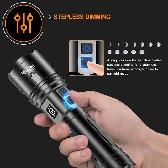 Alt view image 5 of 7 - Rechargeable Flashlights High Lumens, LED Flashlight 100000 Lumens, Super Bright High Powered Flashlights, Long Rang 5000 FT, 2 Switch, Powerful Flashlights for Home Emergency Camping