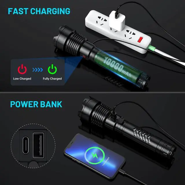 Alt view image 5 of 7 - Rechargeable LED Flashlights 3600,000 High Lumens, Super Bright Flashlight with Input and Output Functions, Tactical Flashlight for Camping Home Emergencies (Large, Piece, 1)