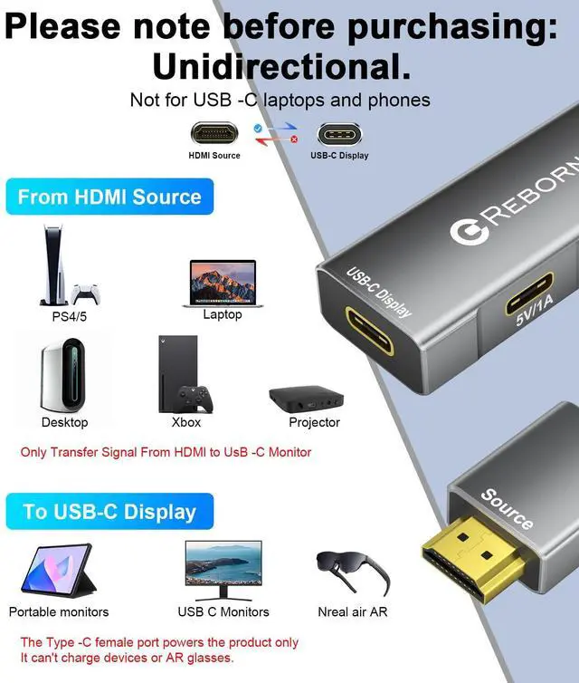 Alt view image 6 of 7 - HDMI to USB C Adapter 4K 60Hz | Uni-Directional HDMI Source to Type-C Display Adapter for AR Glasses XREAL OneAir 2 Pro/VITURE Pro/RayNeo Air 2s/Rokid,PS5,Portable Monitors