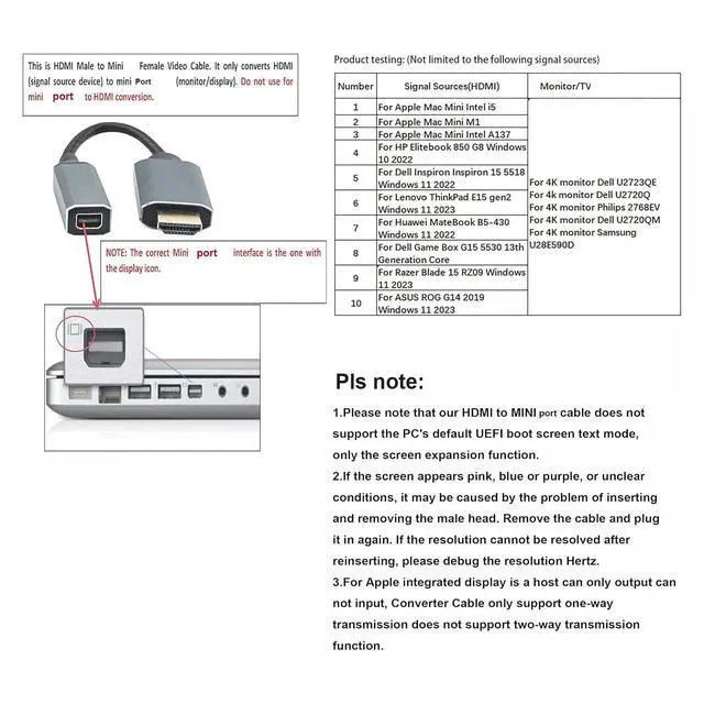 Alt view image 7 of 7 - HDMI to Mini for Display Port Converter Adapter Cable 4K X 2K HDMI Male to Female Video Cable