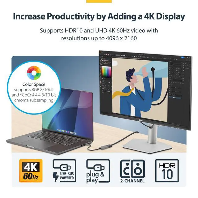 Alt view image 4 of 7 - USB-C to HDMI Adapter, 4K 60Hz Video, HDR10, USB-C to HDMI Monitor Dongle, USB4 / Thunderbolt Compatible