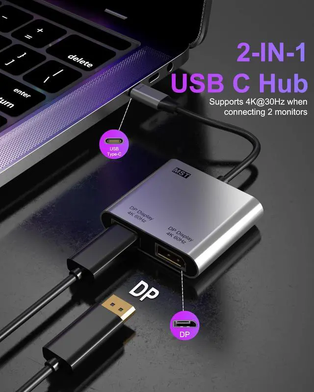 Alt view image 3 of 7 - USB C to Dual DisplayPort Adapter, 4K@60Hz Display Port Splitter for Dual Monitors, Type C to DP Dual Monitor Converter Compatible for Dell XPS 13 15,Lenovo Yoga,Sumsung Chromebook,HP etc
