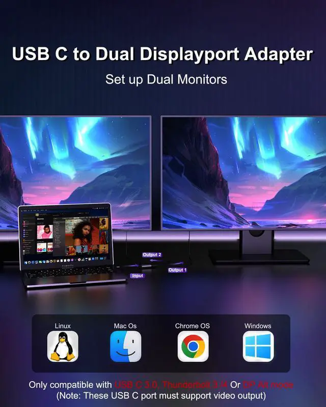 Alt view image 6 of 7 - USB C to Dual DisplayPort Adapter, 4K@60Hz Display Port Splitter for Dual Monitors, Type C to DP Dual Monitor Converter Compatible for Dell XPS 13 15,Lenovo Yoga,Sumsung Chromebook,HP etc