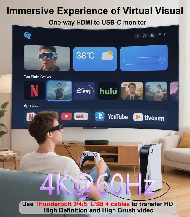 Alt view image 2 of 7 - HDMI to USB C Adapter 4K60Hz, Unidirectional HDMI Male (Source) to USB C Female (Display) for Portable Monitor, AR Glasses XREAL One/Air 2 Pro/VITURE Pro/Rokid, PS4/5, Xbox, Switch, ROG Ally