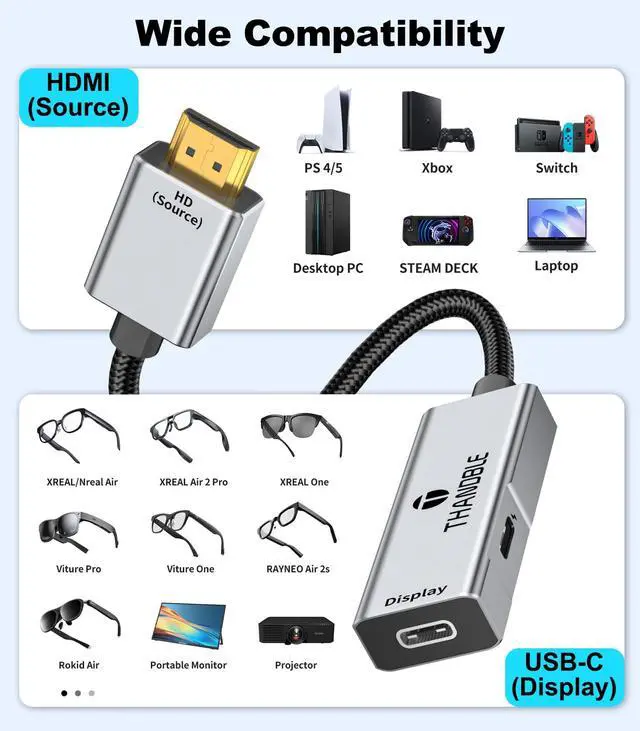 Alt view image 5 of 7 - HDMI to USB C Adapter 4K60Hz, Unidirectional HDMI Male (Source) to USB C Female (Display) for Portable Monitor, AR Glasses XREAL One/Air 2 Pro/VITURE Pro/Rokid, PS4/5, Xbox, Switch, ROG Ally