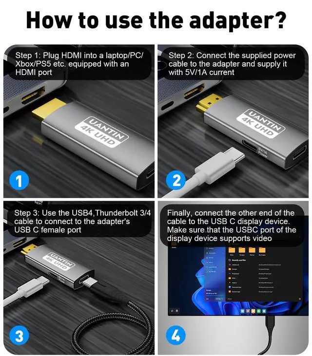 Alt view image 2 of 7 - HDMI to USB C Adapter (4K 60Hz) Uni-Directional HDMI (Source) to Type-C (Display) Male to Female Compatible with Laptop,PS5,XR/AR Glasses,Portable Monitor, Not Charging The Device
