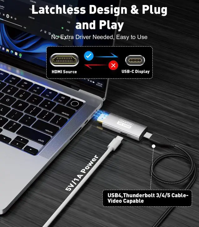 Alt view image 5 of 7 - HDMI to USB C Adapter (4K 60Hz) Uni-Directional HDMI (Source) to Type-C (Display) Male to Female Compatible with Laptop,PS5,XR/AR Glasses,Portable Monitor, Not Charging The Device