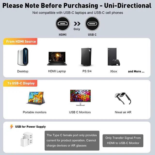 Alt view image 7 of 7 - HDMI to USB C Adapter (4K 60Hz) Uni-Directional HDMI (Source) to Type-C (Display) Male to Female Compatible with Laptop,PS5,XR/AR Glasses,Portable Monitor, Not Charging The Device