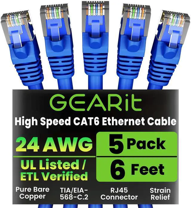 Main image of Cat 6 Ethernet Cable Pack - 5-Pack 6 ft Cat6 Ethernet Patch Cables | RJ45 Network Patch Cable, 10 Gbps Snagless Gold-Plated Connectors - Ethernet Cable Cat 6 for PC, TV, Router - Blue
