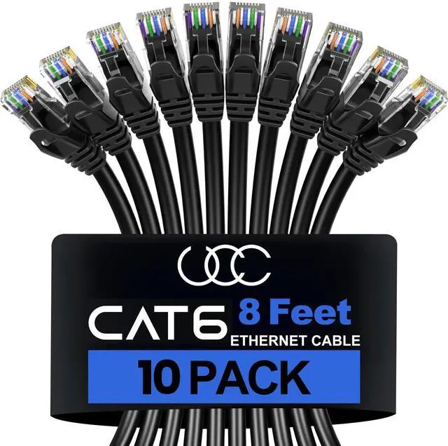 Main image of Cat 6 Ethernet Cable 8 Feet (10 Pack), Cat6 Patch Cable, High Speed 10Gbps 500Mhz Ethernet Cable Network Cord, RJ45 LAN Internet Cable for Computer Modem Router PS4/5 Xbox -Black