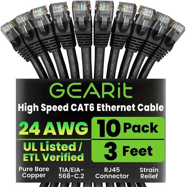 Main image of Cat 6 Ethernet Cable Pack - 10-Pack 3 ft Cat6 Ethernet Patch Cables | RJ45 Network Patch Cable, 10 Gbps Snagless Gold-Plated Connectors - Ethernet Cable Cat 6 for PC, TV, Router - Black