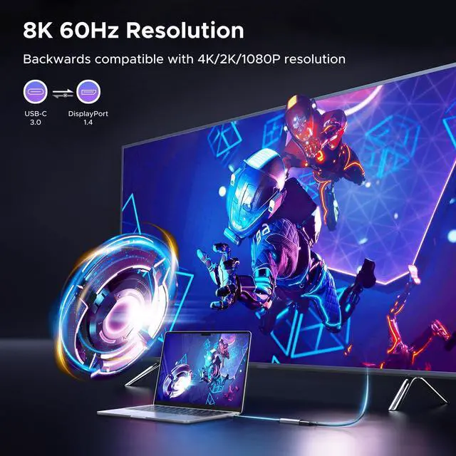 Alt view image 2 of 7 - 8K@60Hz USB C to DisplayPort 1.4 Adapter Cable 4K@240Hz Thunderbolt 4/3 to Display Port Converter with HDR VRR ALLM Braided Compatible with iPhone 17/16, Galaxy S25, MacBook Pro/Air, iPad XPS