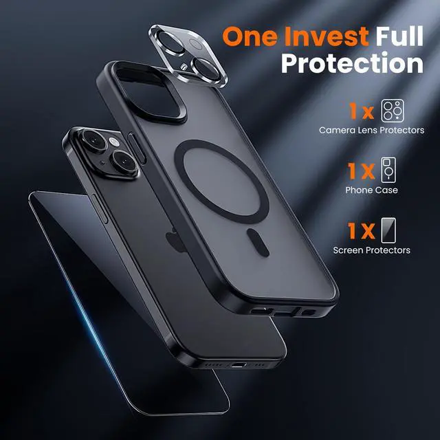 Alt view image 2 of 5 - 3 in 1 for iPhone 15 Case with MagSafe, Screen Protector*1 Camera Lens Protector*1,Matte Skin Feeling Back Cover Military-Grade Protection for iPhone 15 Phone Case 6.1 inch Matte Black