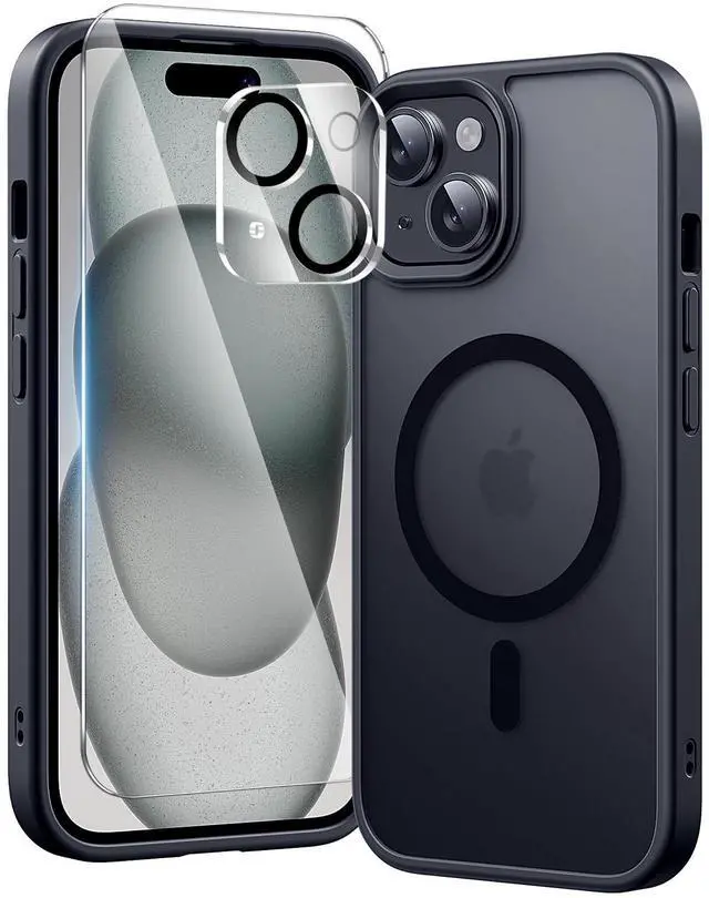 Main image of 3 in 1 for iPhone 15 Case with MagSafe, Screen Protector*1 Camera Lens Protector*1,Matte Skin Feeling Back Cover Military-Grade Protection for iPhone 15 Phone Case 6.1 inch Matte Black