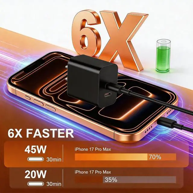 Alt view image 2 of 7 - 45W Dual Type C Charger Fast Charging for Samsung,PD 3.0 GaN Super Fast Android Phone Charger Block with Long USB C Cable 10FT/6FT for Galaxy S25/S25 Ultra/S25+/S24+/S23/S22/for iPhone 17/16/15 Series