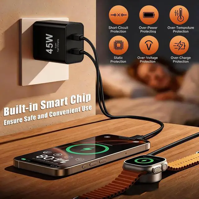 Alt view image 3 of 7 - 45W Dual Type C Charger Fast Charging for Samsung,PD 3.0 GaN Super Fast Android Phone Charger Block with Long USB C Cable 10FT/6FT for Galaxy S25/S25 Ultra/S25+/S24+/S23/S22/for iPhone 17/16/15 Series