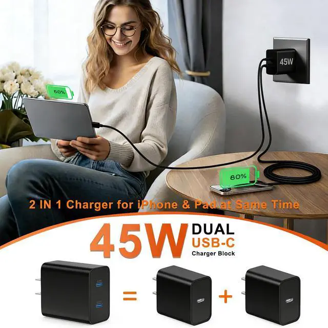 Alt view image 4 of 7 - 45W Dual Type C Charger Fast Charging for Samsung,PD 3.0 GaN Super Fast Android Phone Charger Block with Long USB C Cable 10FT/6FT for Galaxy S25/S25 Ultra/S25+/S24+/S23/S22/for iPhone 17/16/15 Series
