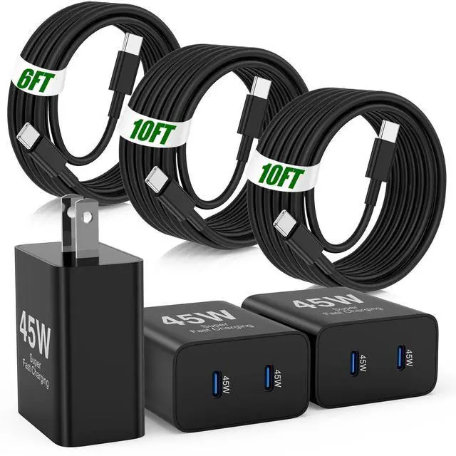 Main image of 45W Super Fast Charger Type C for Samsung S26 S25 S24,3Pack 45W Dual Port USB C Fast Phone Charger Block & 6/10/10FT Type C Charging Cord for Samsung Galaxy S26 S25 Ultra/S23/S22,Android,iPhone 17