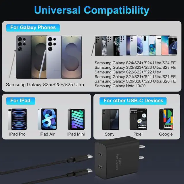 Alt view image 7 of 7 - 45W Super Fast Charger Type C for Samsung S26 S25 S24,3Pack 45W Dual Port USB C Fast Phone Charger Block & 6/10/10FT Type C Charging Cord for Samsung Galaxy S26 S25 Ultra/S23/S22,Android,iPhone 17