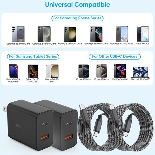 Alt view image 3 of 4 - Extra Long 10Foot 45W Samsung USB C Fast Charger Block Dual Port PD Power Adapter Fast Charging Block,2Pack 10FT Type C Super Quick Charging Cord for Samsung Galaxy S25 Ultra/S25/S24/S23/S22 and More