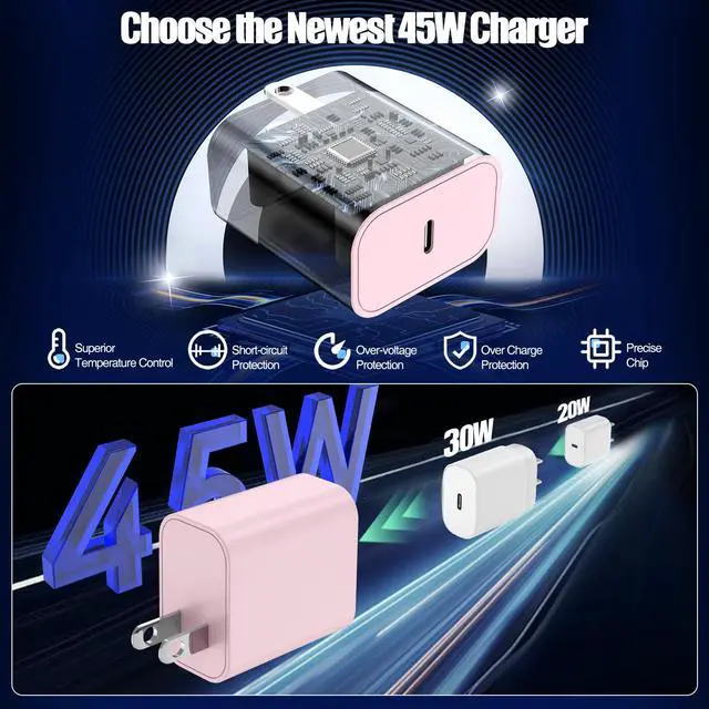 Alt view image 4 of 7 - 45W Super Fast Charger Type C for Samsung Galaxy S25/S24/S23 Ultra,USB C Android Phone Charger with 6FT/10FT Type C Cords for Galaxy S25/S24/S23+/S22 Plus/S20,iPhone 17/16/15 Pro Max-Pink
