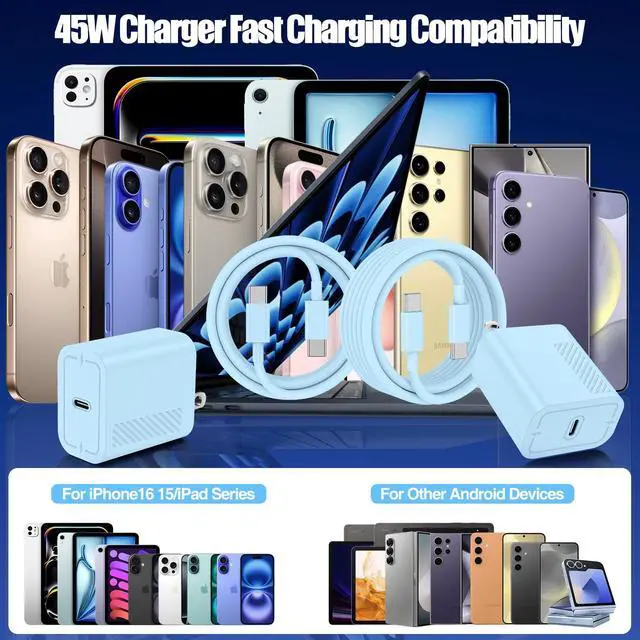 Alt view image 7 of 7 - 45W Super Fast Charger Type C for Samsung Galaxy S25/S24/S23 Ultra,USB C Android Phone Charger with 6FT/10FT Type C Cords for Galaxy S25/S24/S23+/S22 Plus/S20,iPhone 17/16/15 Pro Max-Blue