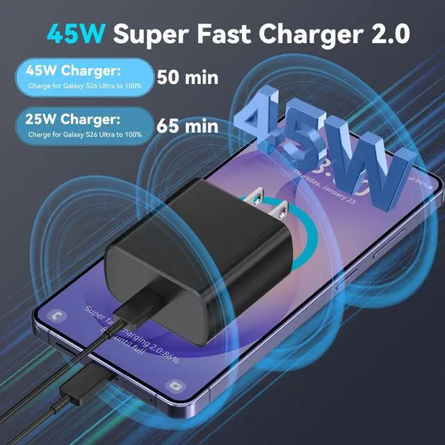 Alt view image 2 of 7 - 45W Super Fast Charger USB C Android Phone Type C Charger Fast Charging Block with 6.6FT Cord for Samsung Galaxy S26/S26 Ultra/S26+/S25 Ultra/S25/S24 Ultra/S24/S23 Ultra/S22/S21/S20/Note 10, Black