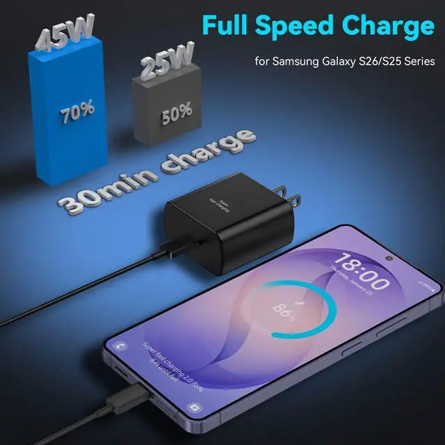 Alt view image 3 of 7 - 45W Super Fast Charger USB C Android Phone Type C Charger Fast Charging Block with 6.6FT Cord for Samsung Galaxy S26/S26 Ultra/S26+/S25 Ultra/S25/S24 Ultra/S24/S23 Ultra/S22/S21/S20/Note 10, Black