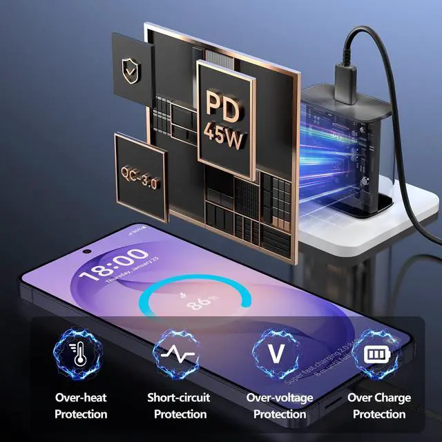 Alt view image 5 of 7 - 45W Super Fast Charger USB C Android Phone Type C Charger Fast Charging Block with 6.6FT Cord for Samsung Galaxy S26/S26 Ultra/S26+/S25 Ultra/S25/S24 Ultra/S24/S23 Ultra/S22/S21/S20/Note 10, Black