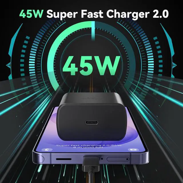 Alt view image 6 of 7 - 45W Super Fast Charger USB C Android Phone Type C Charger Fast Charging Block with 6.6FT Cord for Samsung Galaxy S26/S26 Ultra/S26+/S25 Ultra/S25/S24 Ultra/S24/S23 Ultra/S22/S21/S20/Note 10, Black