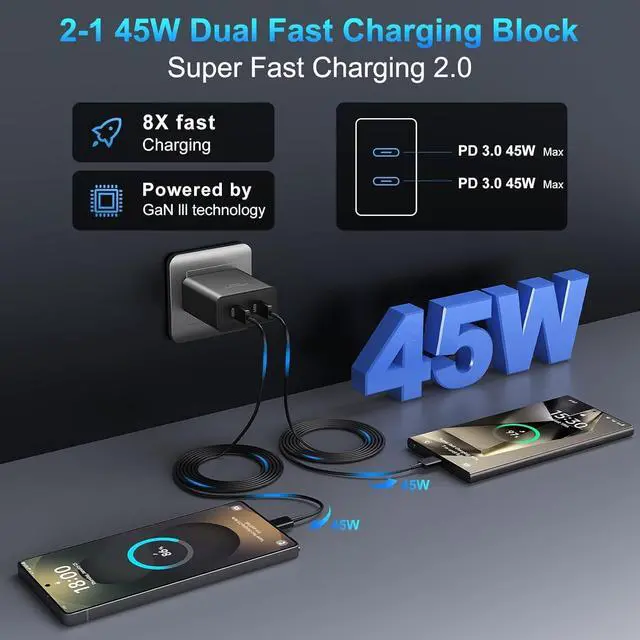 Alt view image 2 of 7 - Dual Port 45W Super Fast Charger and Type C Cable 10ft 6ft,USB C Wall Charging Block,Android Phone Charger Cord Long for Samsung Galaxy S25/S24 Ultra/S23+/S22 Plus/S21/S20/Note/iPhone 17 16 15 Pro Max
