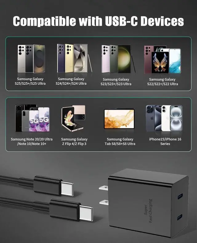Alt view image 7 of 7 - Dual Port 45W Super Fast Charger and Type C Cable 10ft 6ft,USB C Wall Charging Block,Android Phone Charger Cord Long for Samsung Galaxy S25/S24 Ultra/S23+/S22 Plus/S21/S20/Note/iPhone 17 16 15 Pro Max