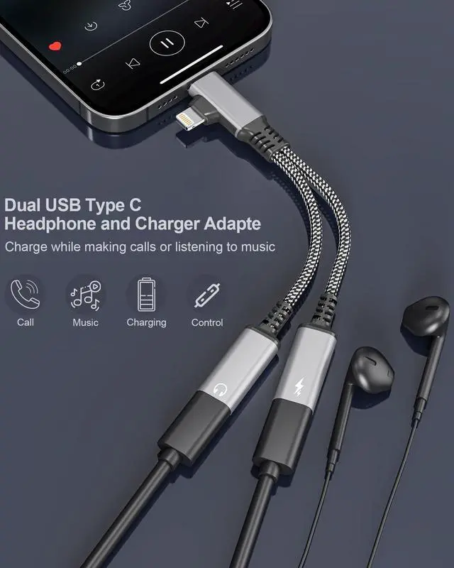 Alt view image 2 of 7 - USBC Splitter 1 in 2 Out USB C Headphone and Charger Adapter - Type C & Lightning Male to Dual USB C Female Audio Dongle Cable, PD 60W Fast Charging + Call, for iPhone 16 15 14 iPad Android MacBook