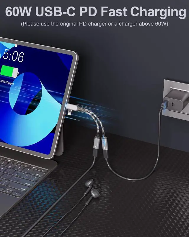 Alt view image 3 of 7 - USBC Splitter 1 in 2 Out USB C Headphone and Charger Adapter - Type C & Lightning Male to Dual USB C Female Audio Dongle Cable, PD 60W Fast Charging + Call, for iPhone 16 15 14 iPad Android MacBook